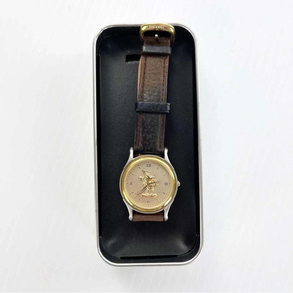 Walt Disney Mickey 2 Tone Embossed Leather Band Wristwatch Watch AS IS